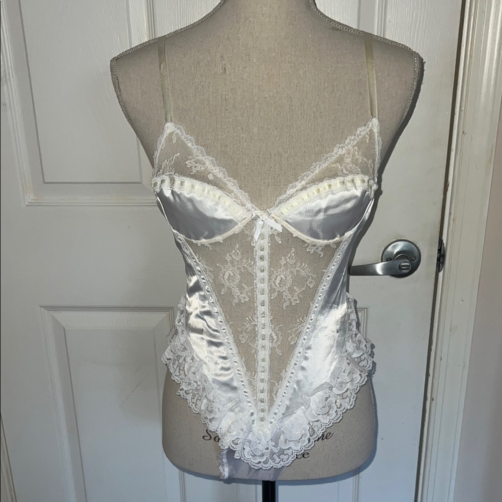 Vintage Juliana White Satin Lace Bodysuit Lingerie